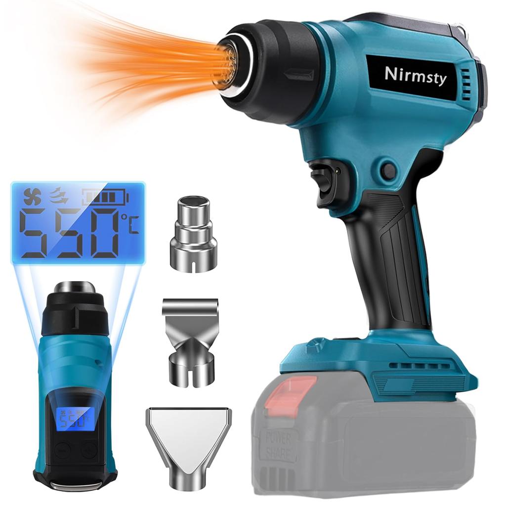 Rechargeable Heat Gun with Temperature Two Wind LCD and Temperature Compatible with Makita 18V Includes 3 Heat Gun for DIY including Shrinking and