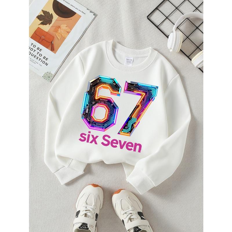 Girls' Long-Sleeve Round Neck Sweatshirt with Printed Neon Circuit Number Design, Suitable for Spring And Autumn, Fashionable And Casual