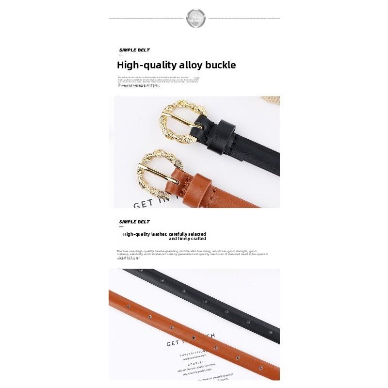 Small belt, new pattern round buckle, first layer cowhide pin buckle, thin belt, women's belt, waist belt