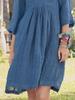 2022 Women's Cotton-Linen V-Neck Mid-Length Dress with 3/4 Sleeves - European & American Style for Autumn