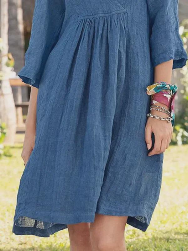 2022 Women's Cotton-Linen V-Neck Mid-Length Dress with 3/4 Sleeves - European & American Style for Autumn