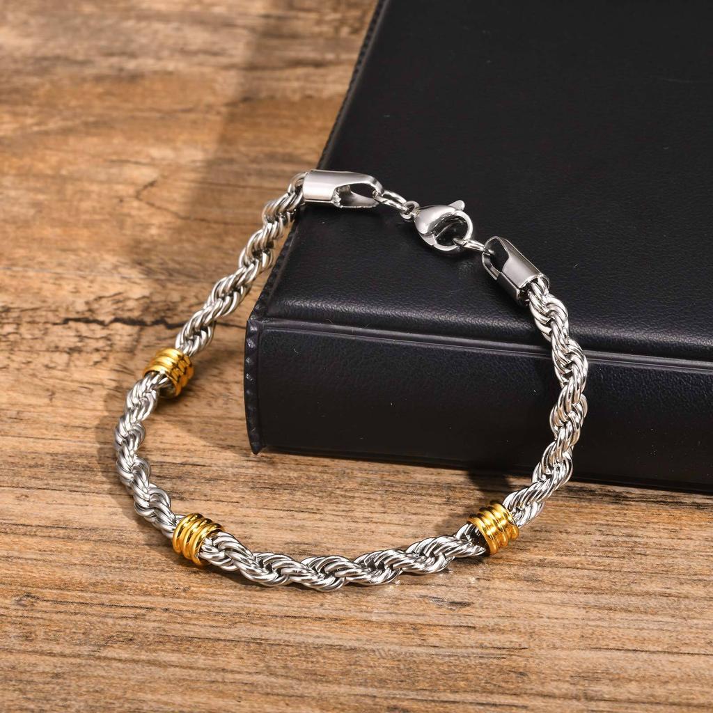 Classic Stainless Steel Btacelets for Men Boys,Silver Color Links Wristband with Gold Color Beads,Stylish Cool Jewelry Gifts