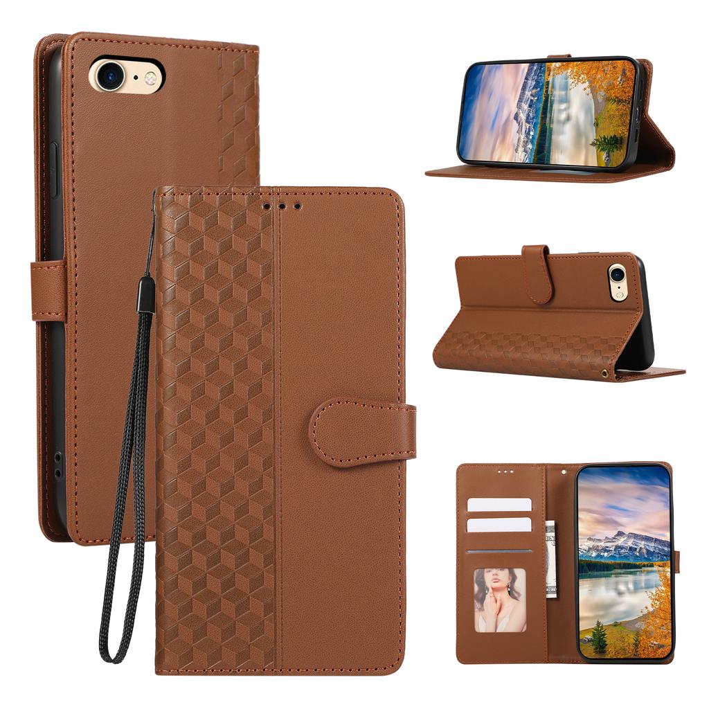 For iPhone 16e Case 3D Rhombus Grid Imprinted Wallet Leather Phone Cover with Lanyard