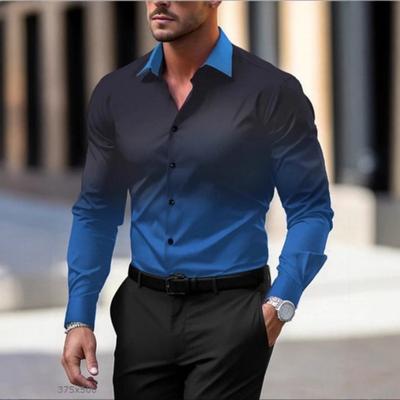 Men's Spring Summer Fashion Casual Gradient Long Sleeve Dress Shirt Contrast Collar Business Shirt