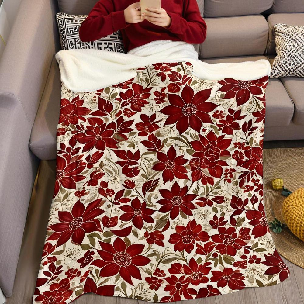 Burgundy Floral Flannel Blanket Warm Soft Halloween Christmas Couch Warm Cozy Decorative Decor Gift for All Season
