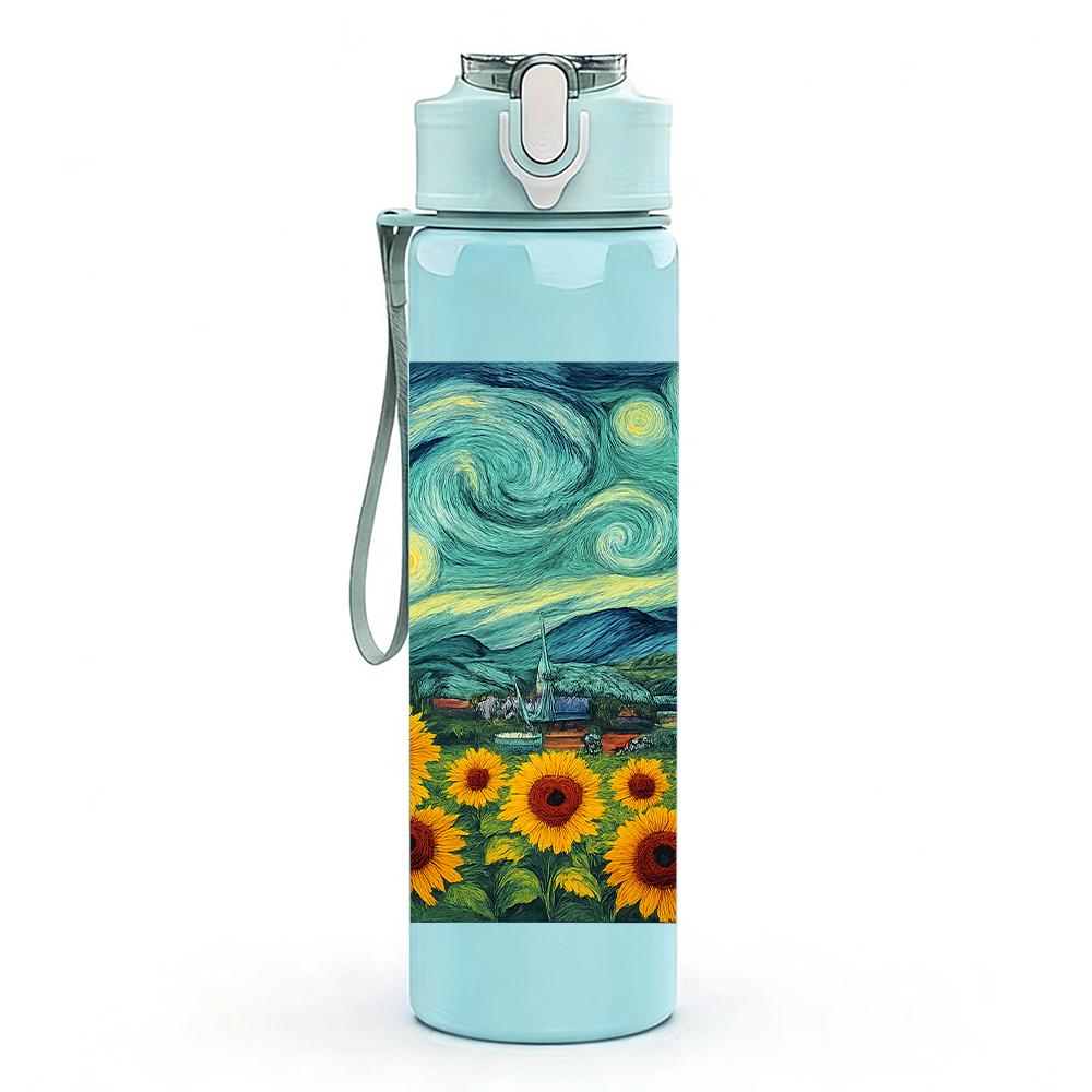 1PC Sunflower Starry Night Art 750ml Color Plastic Sports Water Bottle Leakproof Flip Straw Lid For Sports Office Home Use