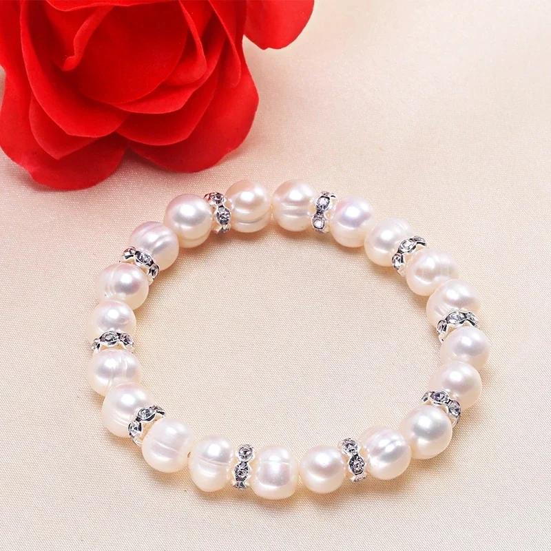 HENGSHENG New Arrival White 8-9mm Baroque Natural Freshwater Pearl Strand Bracelet For Women,Fashion Bracelet Girl Birthday Gift 16cm