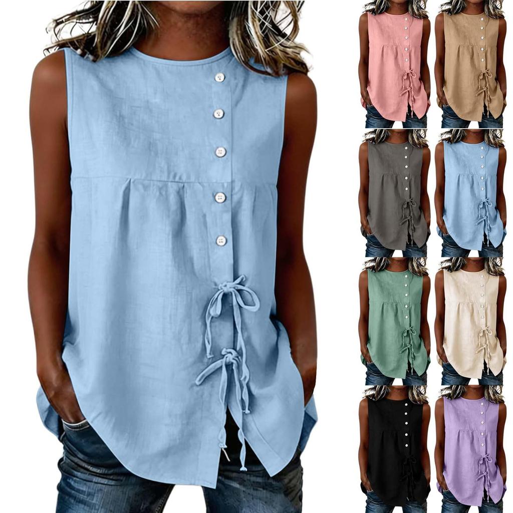Women Loose Sleeveless Blouses Casual Tie Side Linen Tank Tops