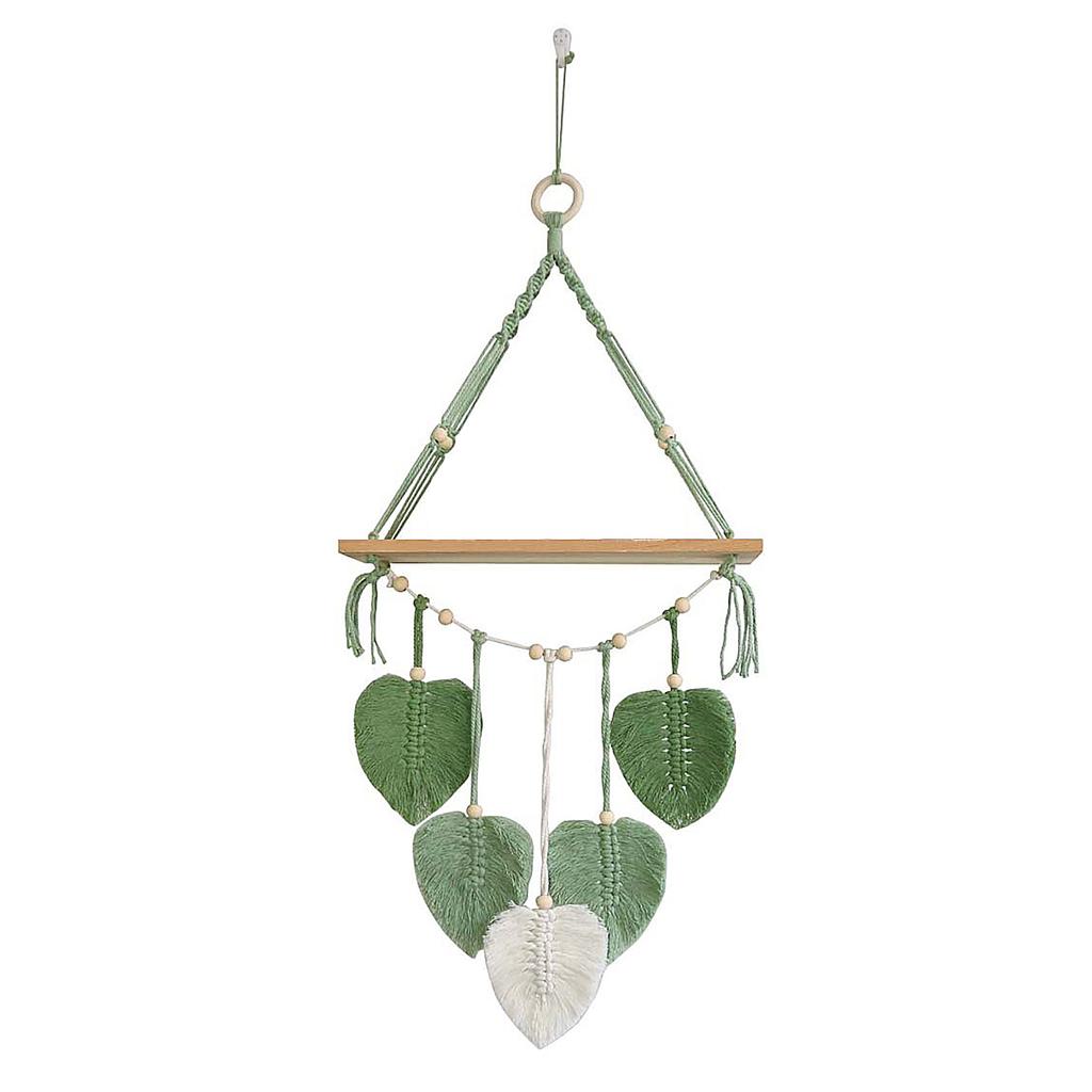 Nordic Handwoven Wall Hanging Tapestry with Shelf Leaf Design Home Decor Green 39x90cm