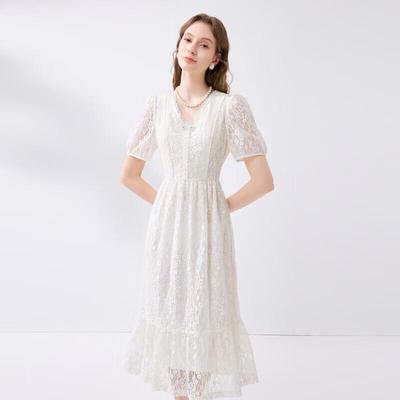 French V-Neck Lace Midi Dress
