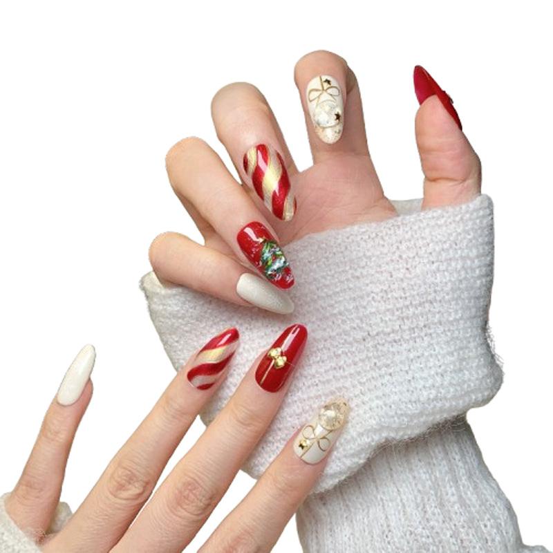 Women Mid‑Long Press‑On Nails Pure‑Handmade Christmas‑Theme Autumn‑Winter False Nail Tips