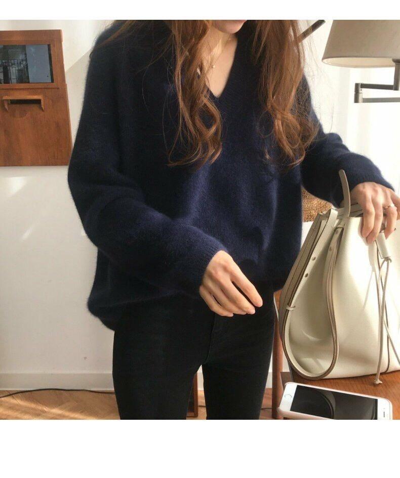 Women's Thick V-Neck Wool Sweater: Velvet, Loose, Casual Knitwear for Autumn & Winter