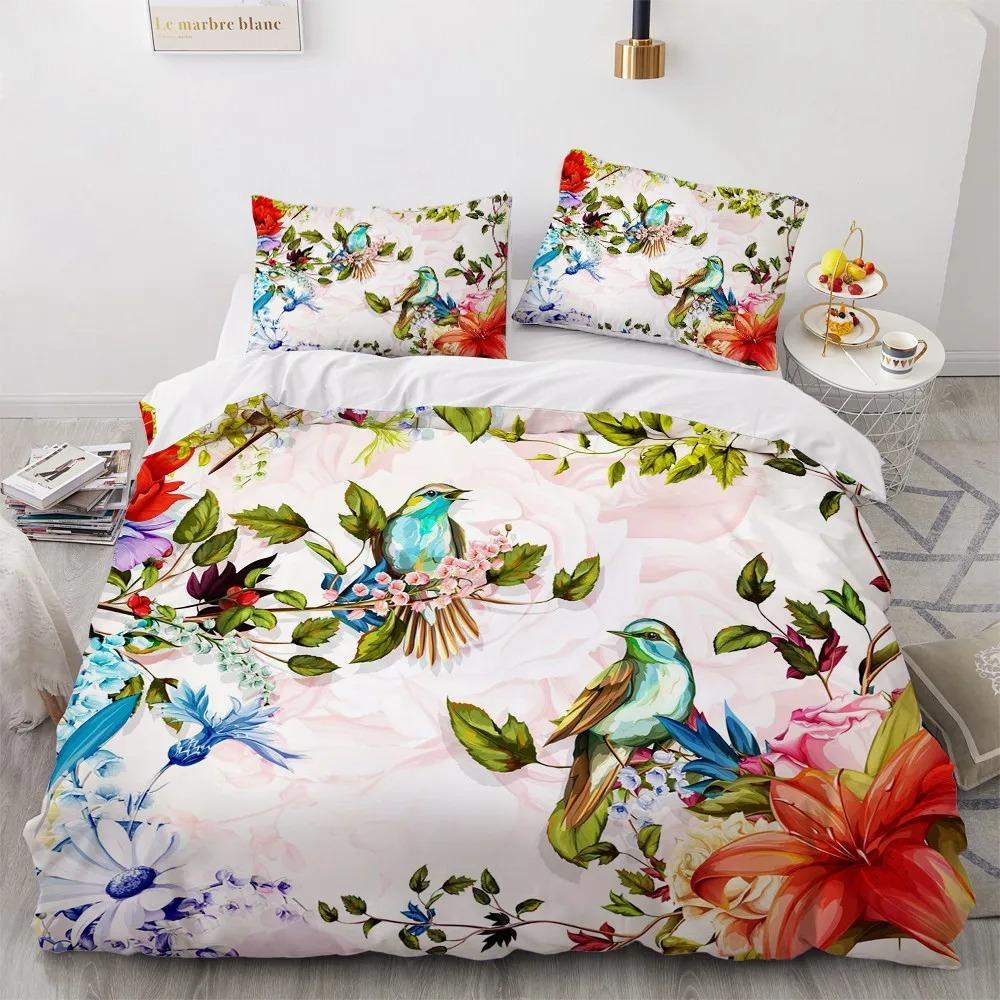 Flower Bird King Queen Duvet Cover Colorful Tropical Floral Bedding Set For Women Watercolor Plant 23Pcs Polyester Quilt Cover