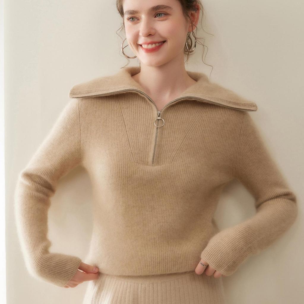 Damen Dick gestrickter Kaschmirpullover - Großer Reverskragen, Polo-Kragen mit halbem Reißverschluss, Vielseitige lockere Passform für Herbst und Winter