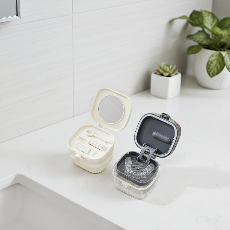 2-in-1 Multi-Layer Denture and Retainer Case with Mirror Lid – Leak-Proof Storage Box Including Cleaning Brush