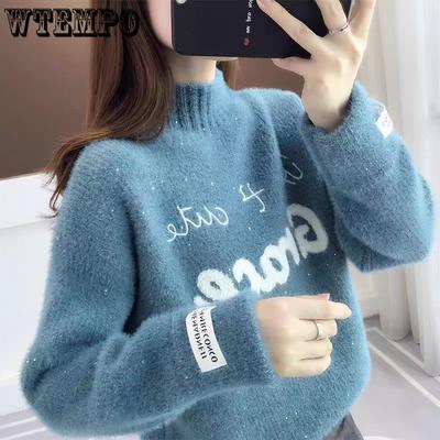 Women's Knitwear Thickened Half Turtleneck Knitted Sweater with Mink Fur Imitation Long-sleeved Loose Casual Pullover