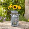 Farmhouse Decor Vase Vintage Iron Flower Bucket, Rustic White Double-Handle Metal with Floral Print & Jute Dried Holder Bow, Tabletop for