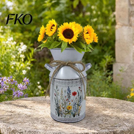 Farmhouse Decor Vase Vintage Iron Flower Bucket, Rustic White Double-Handle Metal with Floral Print & Jute Dried Holder Bow, Tabletop for