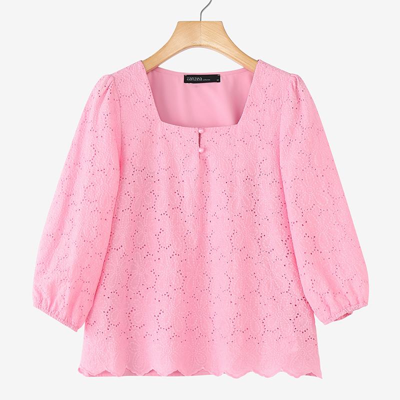 

ZANZEA Женская повседневная блузка с квадратным вырезом, рукавами 3/4, свободного кроя, с лоскутным кружевом 2XL розовый