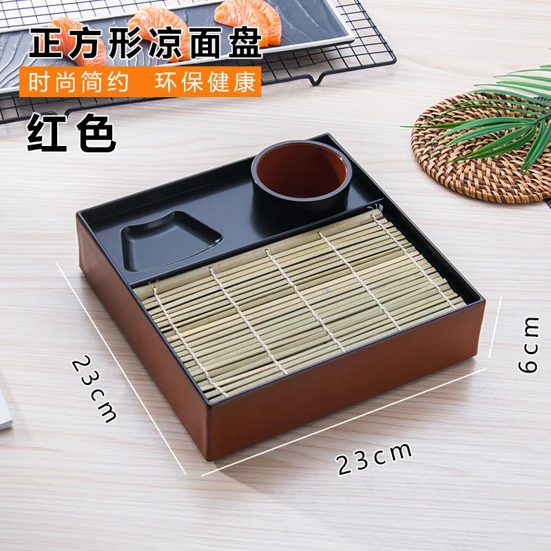 Japanese Style Cold Noodle Dish Paired with Bamboo Mat Plate and Japanese and Korean Tableware