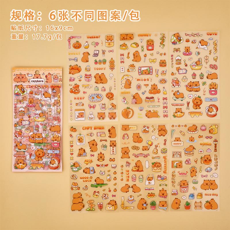 1Pcs/6sheet Kapibara PET Sticker Student Cute Hand Account Decorative Material Cartoon Capybara Mobile Phone Case DIY