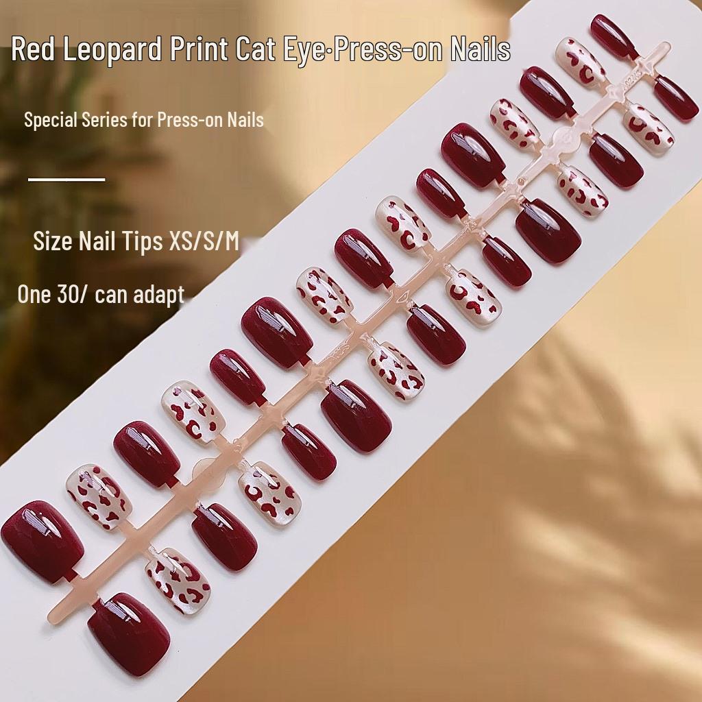 

Red Leopard Print Cat Eye Press-On Nails: Spicy Girl Style False Nail Patches