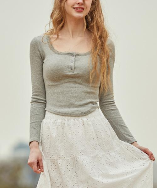 KOLEAT Lace Layered Round Inner Long Sleeve Tee [Gray] Kcl.