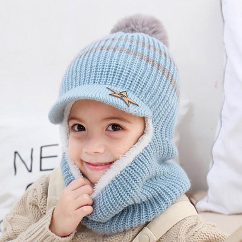 Kids' Winter Wool Hat with Velvet Lining & Duckbill Cap: Face Protection and Scarf Combo
