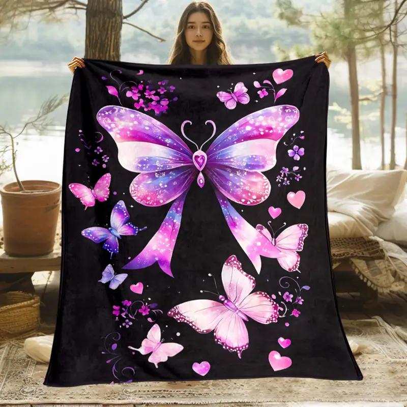 Purple Butterfly and Heart Pattern Flannel Blanket Suitable for Bed, Office, Home, Camping, Cozy Warmth, Sofa, Christmas