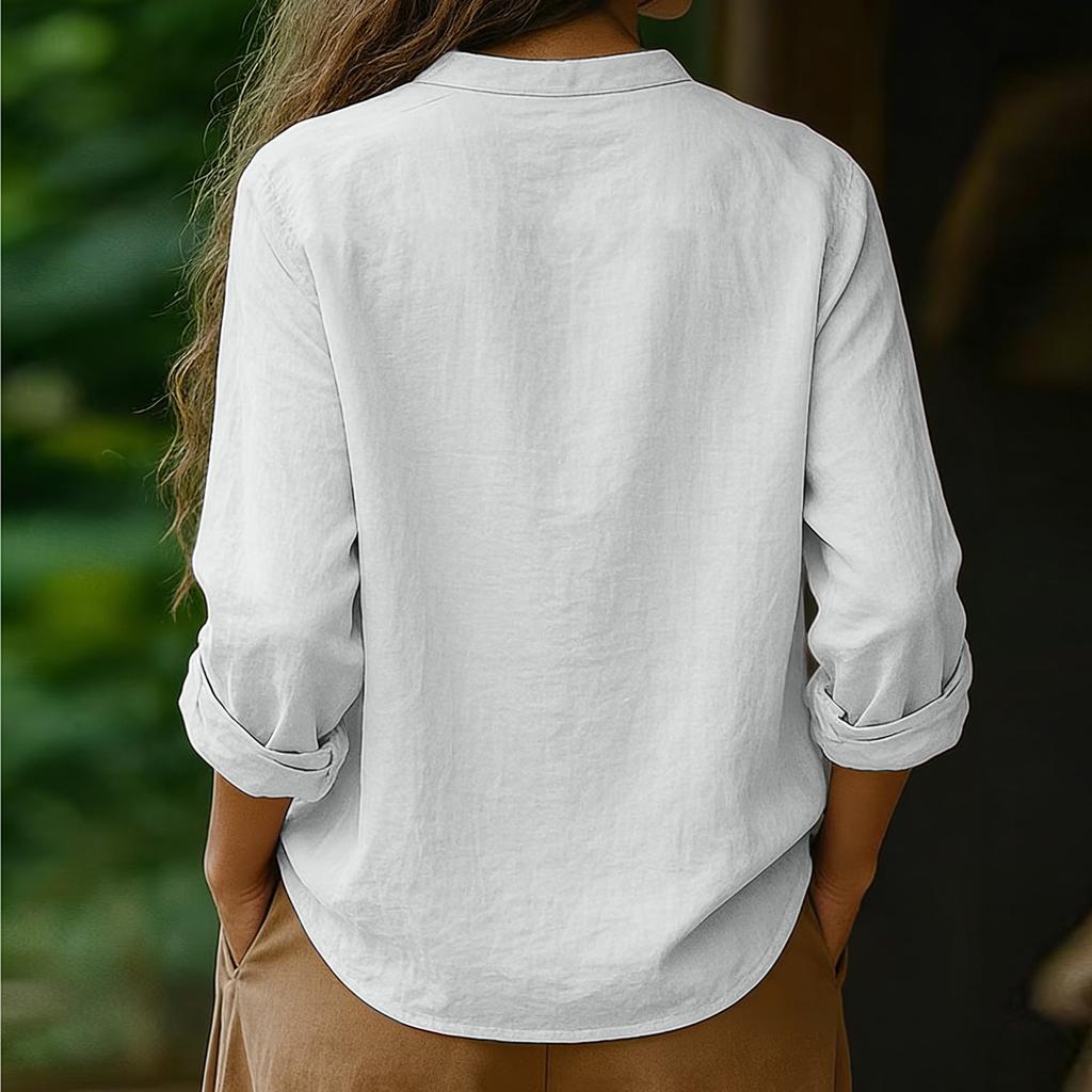 Women's Color Casual V-neck Long Sleeved Pullover Cotton And Linen Top