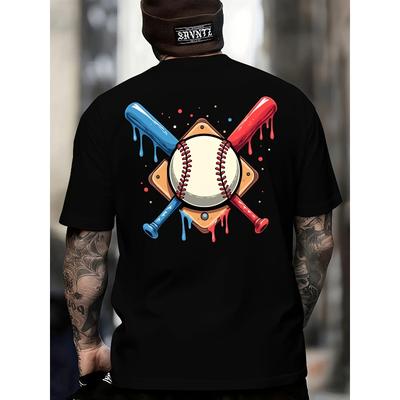 European Sizes Men's Baseball Graphic T-Shirt - Funny Back Print Tee  - Heavyweight  Fabric - Black Shirt for Sports Fans