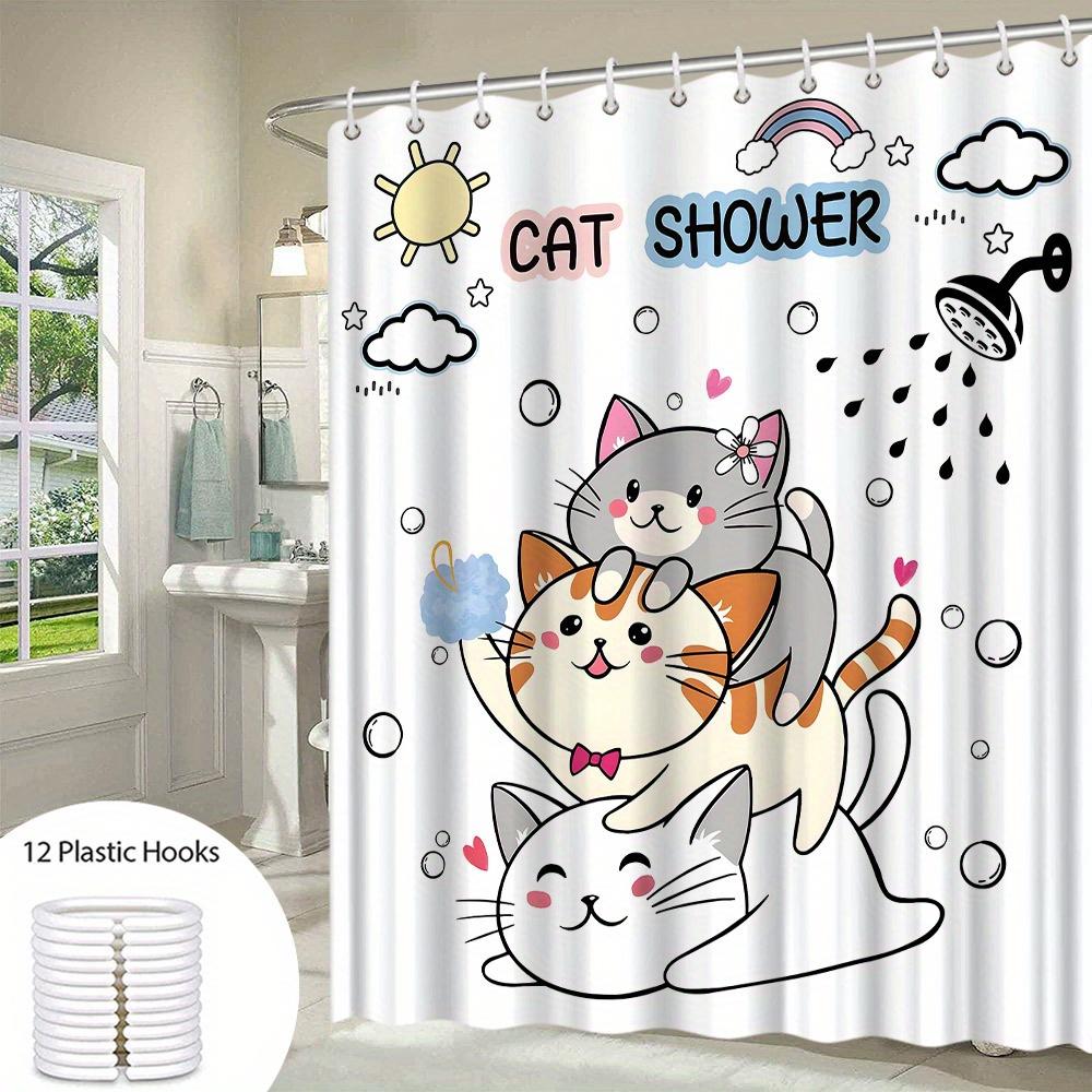 Cute Cat Shower Curtain Playful Cartoon Cats Rainbow Hearts Design Vibrant Cat Shower Theme Polyester Easy Clean With Hooks