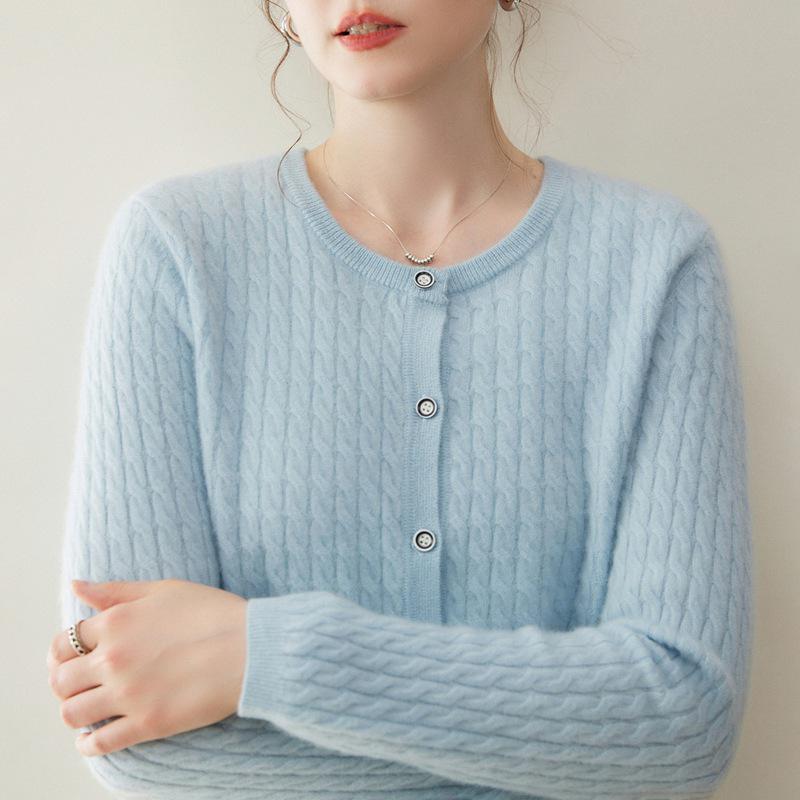 Women's 100% Pure Cashmere Cable Knit Round Neck Cardigan Sweater for Autumn and Winter