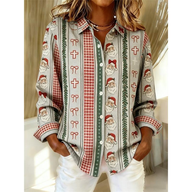 Christmas Style Women's Long-Sleeve Collared Breathable Shirt Relaxed Fit Plus Size Women's Christmas Party Top