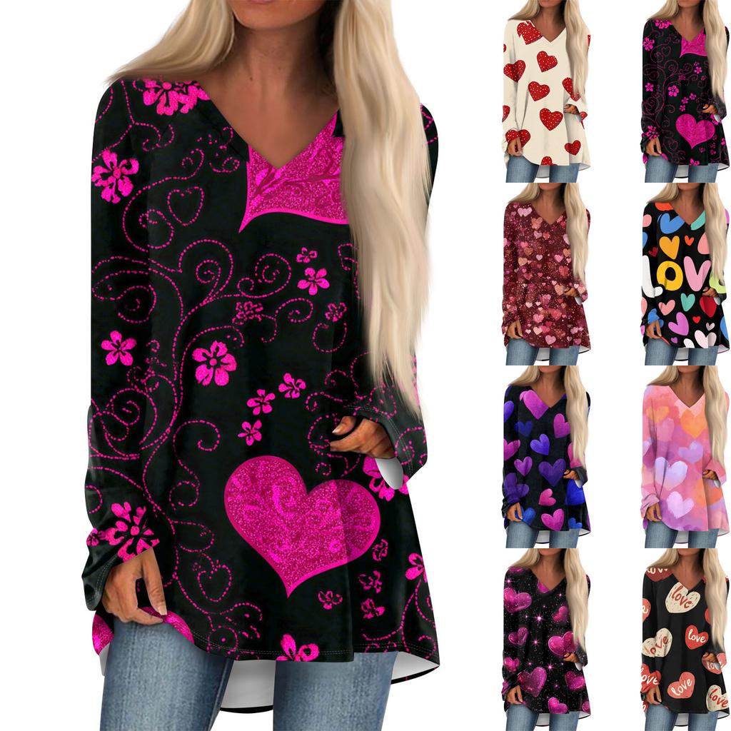 Women's Fashionable Casual Long-Sleeved Valentine's Day Print V-Neck Mid-Length Top