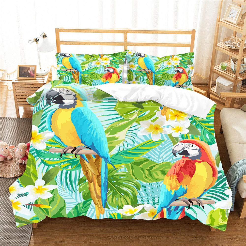 Parrot King Queen Duvet Cover Colourful Feather Bedding Set Rain Trees Bird Quilt Cover Sunset Mountain Natural Comforter Cover