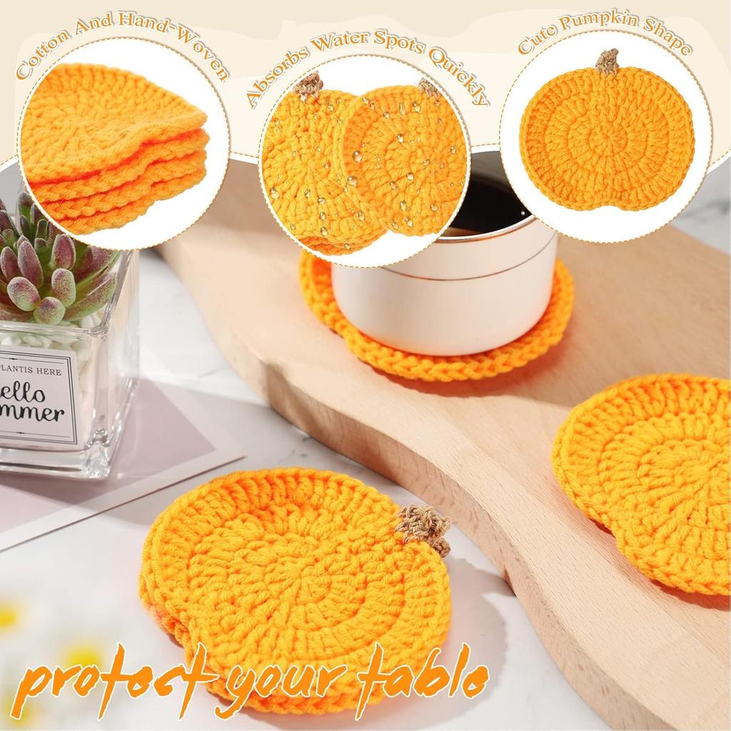 8 Pcs Crochet Pumpk Coaster Handmade Knitted Drink Coaster Set Autumn Drink Cup Pad Mats Absorbent Bottle Mug Place Mats for Table Protection Fall