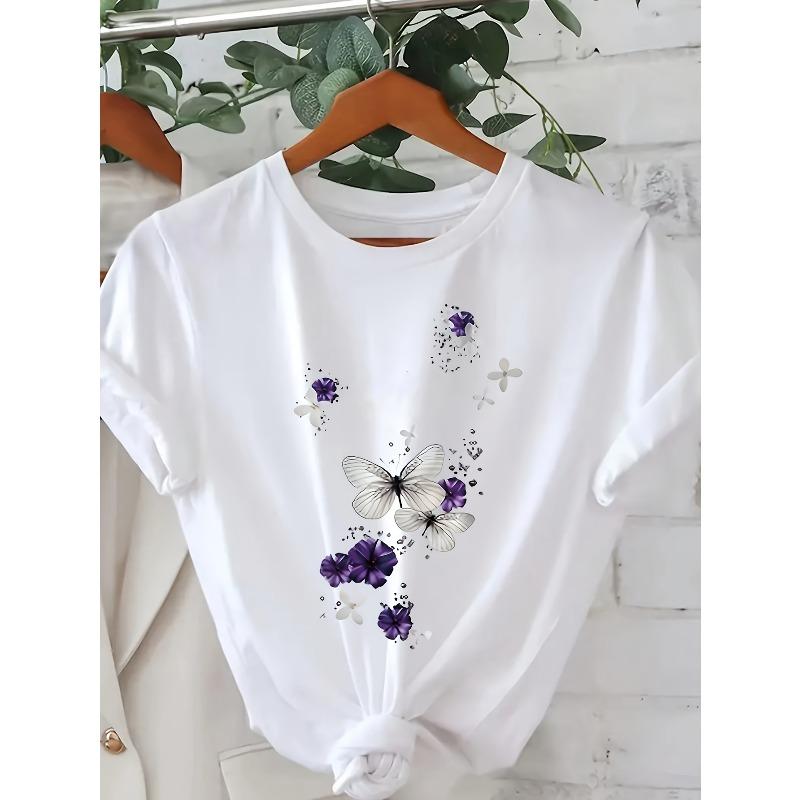

Plus Size - Plus Size - Women S White Casual T-Shirt | Purple Butterfly Floral Print with Shiny Stars, Stretchy Round Neck, Short Sleeve S белый