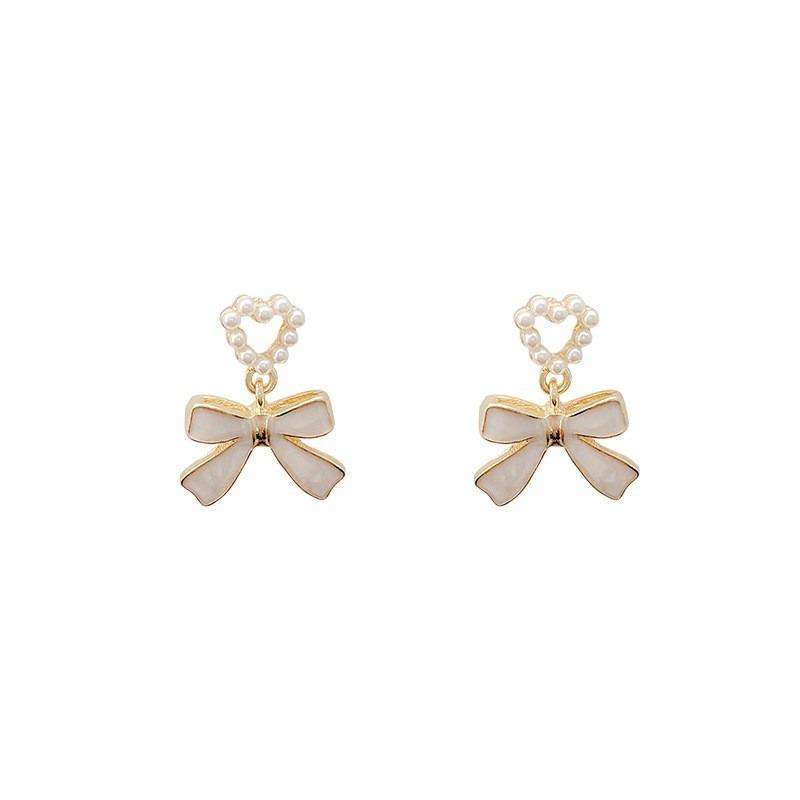Needle Korean Fashion White Bow Drop Earrings for Women Jewelry Trending New Women's French Pearl Earrings