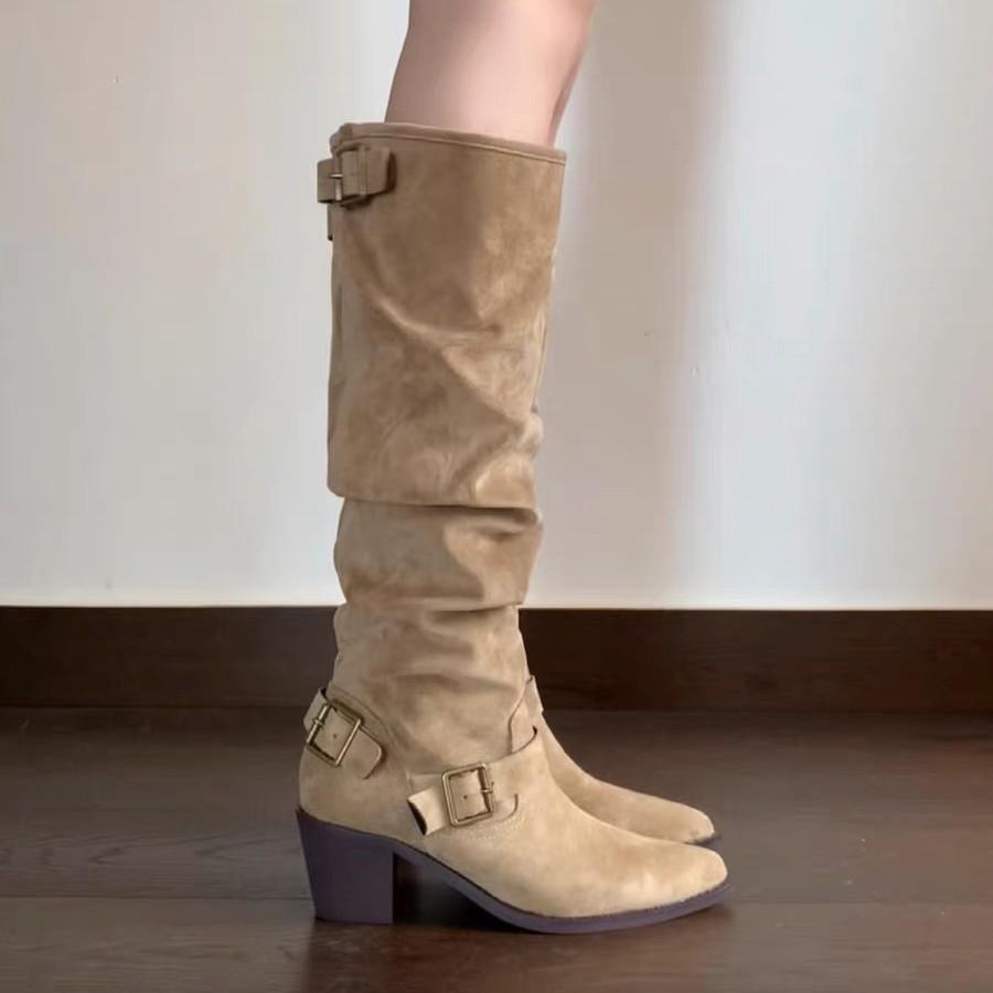 New Suede Piled Up But Knee Boots Women's Western Style Versatile and Thin Thick Heel Knight Boots