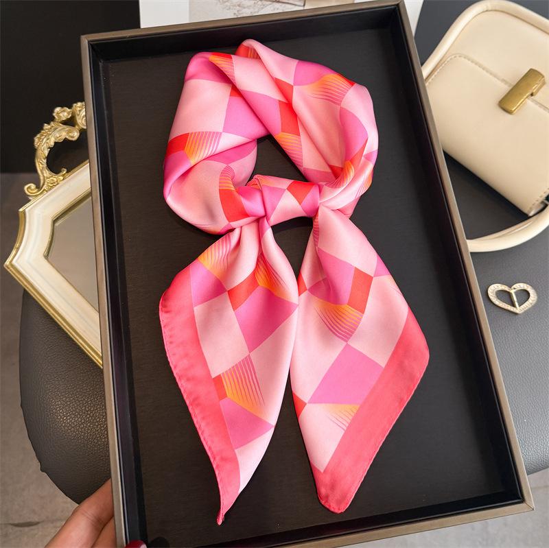 Fashion Print Plaid Design Shawl Square Scarf For Women Soft Satin Wraps Neckerchief Female Hair Bands Ribbon Headband Bandana