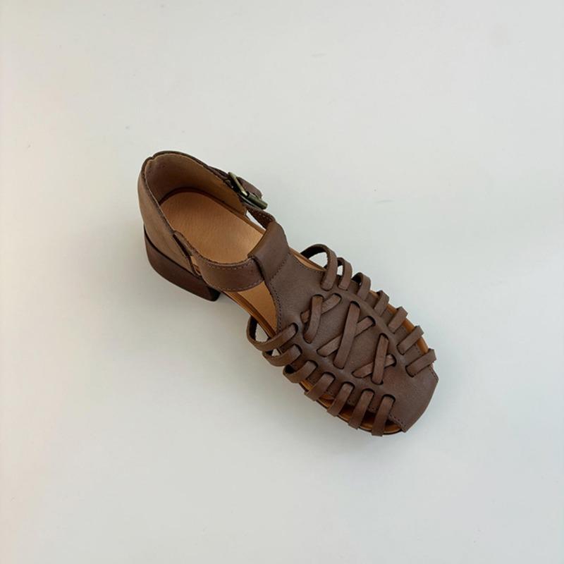 Sheepskin version niche retro woven open-toed summer sandals women's leather thick heel one-word bag head shoes