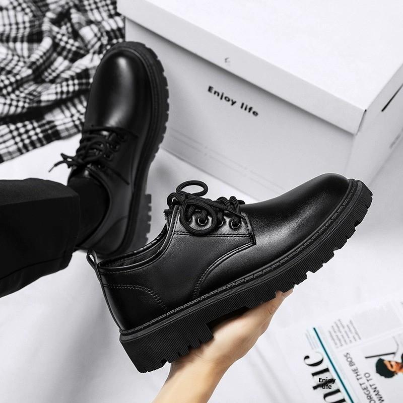 Men's Casual Leather Shoes Thick Bottom Leisure Trendy British Style Winter New Arrival Breathable round Toe Low Heel leather