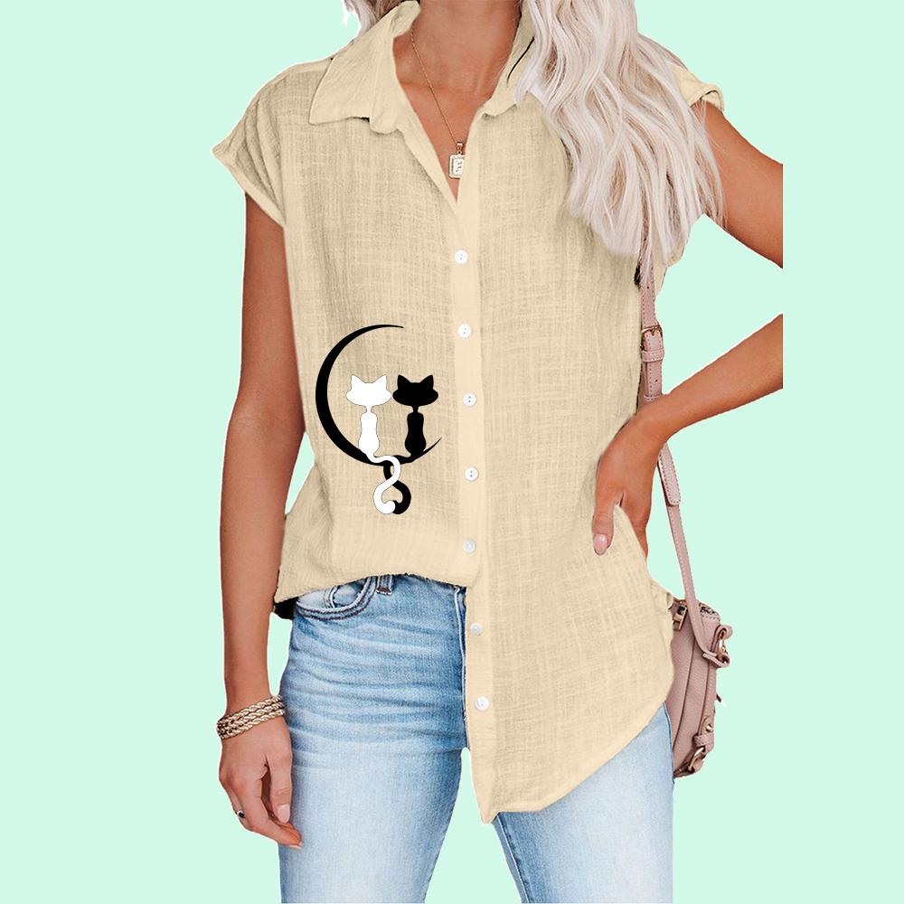 Women Lapel Collar Cat Print T-shirt Fashion Short Sleeve Blouses Spring&Summer Casual Plus Size Thin Cardigan Shirt