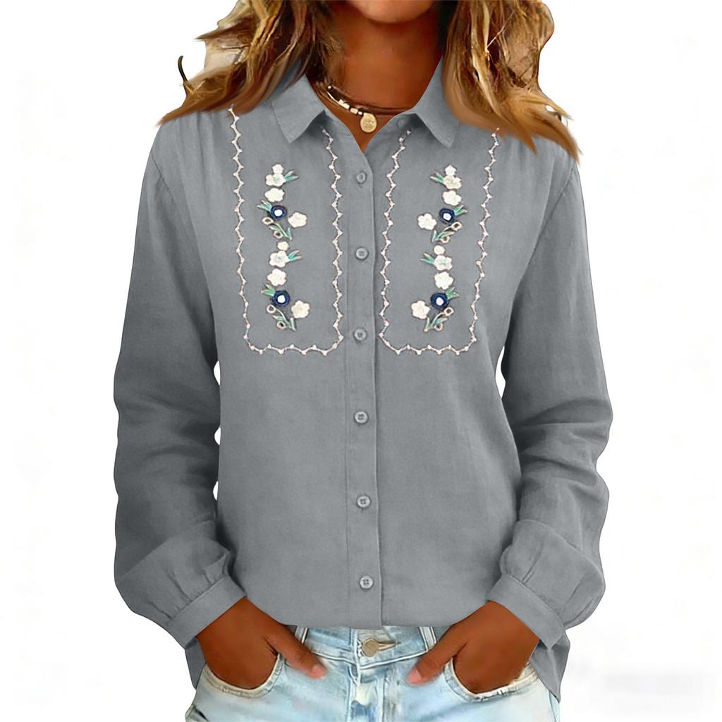Women's Embroidery Floral Shirts Fashion Button Down Lapel Long Sleeves Casual Comfy Shirt Blouse Tops