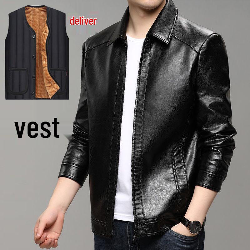 Men's Casual Autumn Leather Jacket - Middle-aged Plus Velvet Thick Style