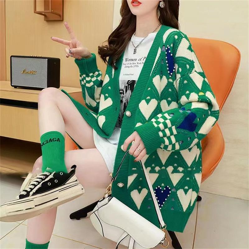 New Spring Autumn Sweet Sweater Cardigans Women V Neck Heart Printing Knitwear Single Breasted Casual Knit Cardigan
