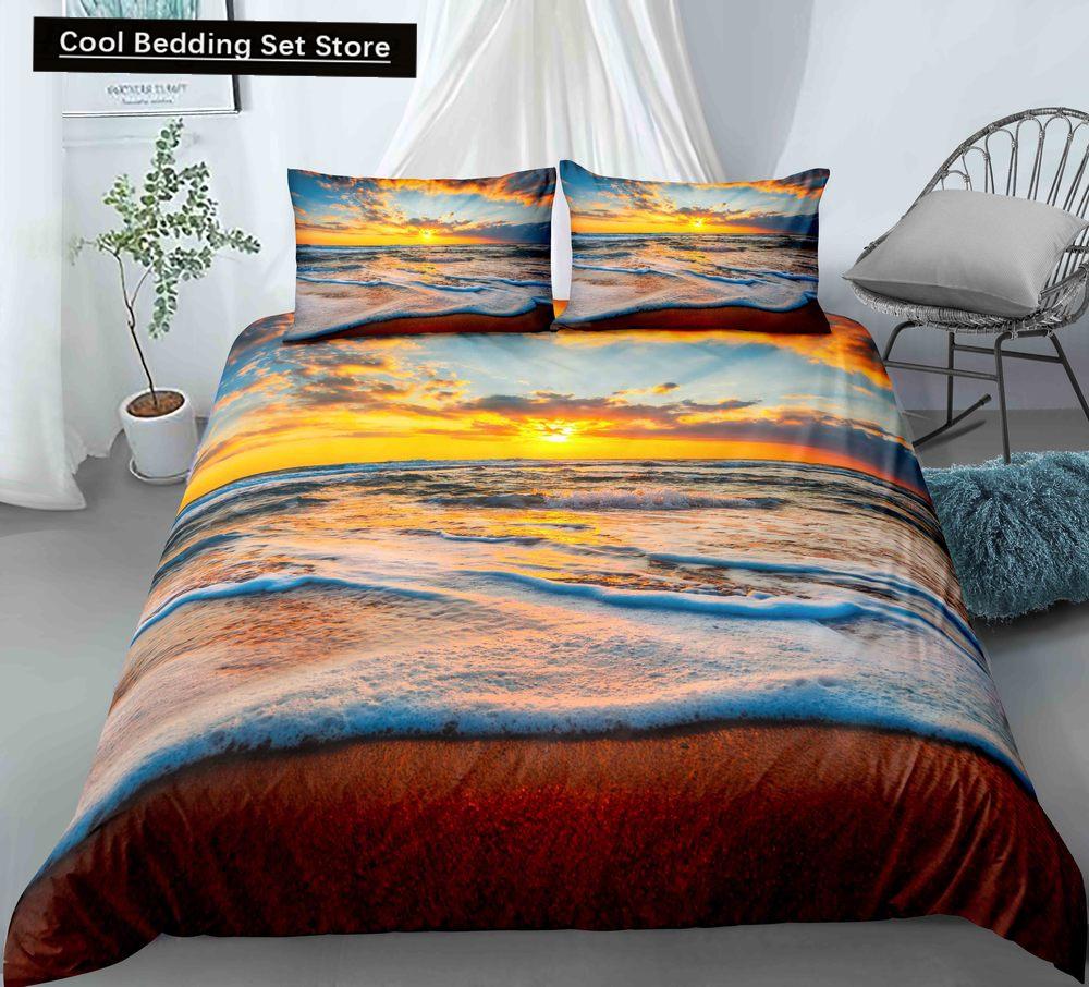 Blue Ocean King Queen Bettbezug Cartoon Seestern Muschel Bettwäscheset für Kind Teenager Erwachsene Meer Strand 2/3tlg. Polyester Bettdeckenbezug