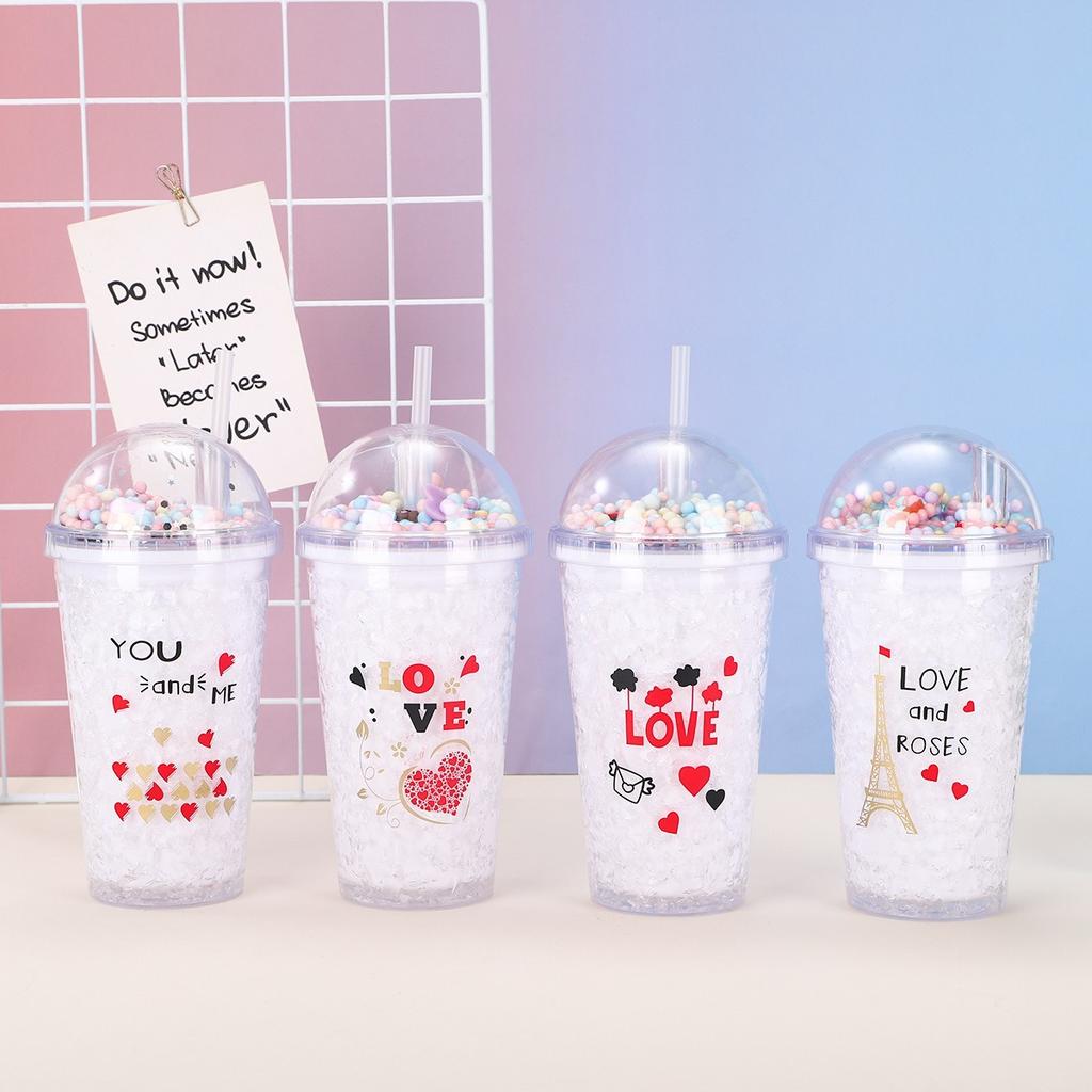 Water bottle summer snowflake starry sky plastic cup net red with lid with straw water cup creative high value outdoor broken ice cup