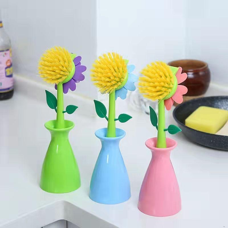 Hand Washed Pot Brush Bowl Brush with Handle Long Brush for Washing Dishes Pot Brush Kitchen Cleaning Supplies, Sunflower Brush